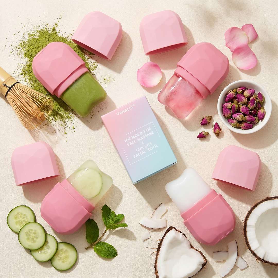 Ice molds with green tea, rose water, cucumber and coffee